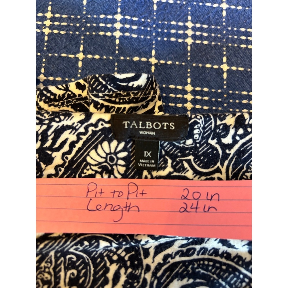 Talbots Woman 1X Navy Blue White Paisley Boat Neck Long Sleeve Top Pullover - Picture 2 of 5